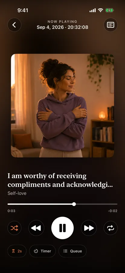 Wispr Affirmations audio player reading the affirmation ‘I am worthy of receiving compliments and acknowledging them.’