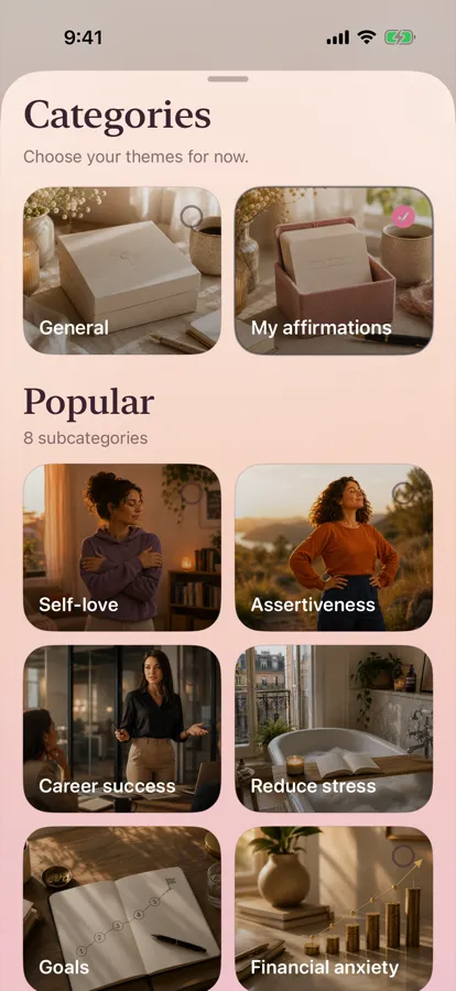 Wispr Affirmations Categories screen with themes like Self-love, Assertiveness and Reduce stress