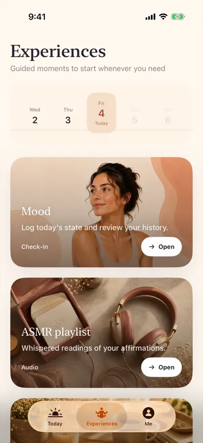 Wispr Affirmations Experiences screen with Mood check-in and ASMR playlist cards