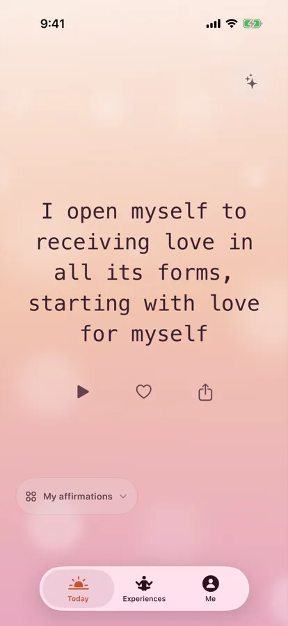 Wispr Affirmations Today screen showing the affirmation ‘I open myself to receiving love in all its forms, starting with love for myself.’
